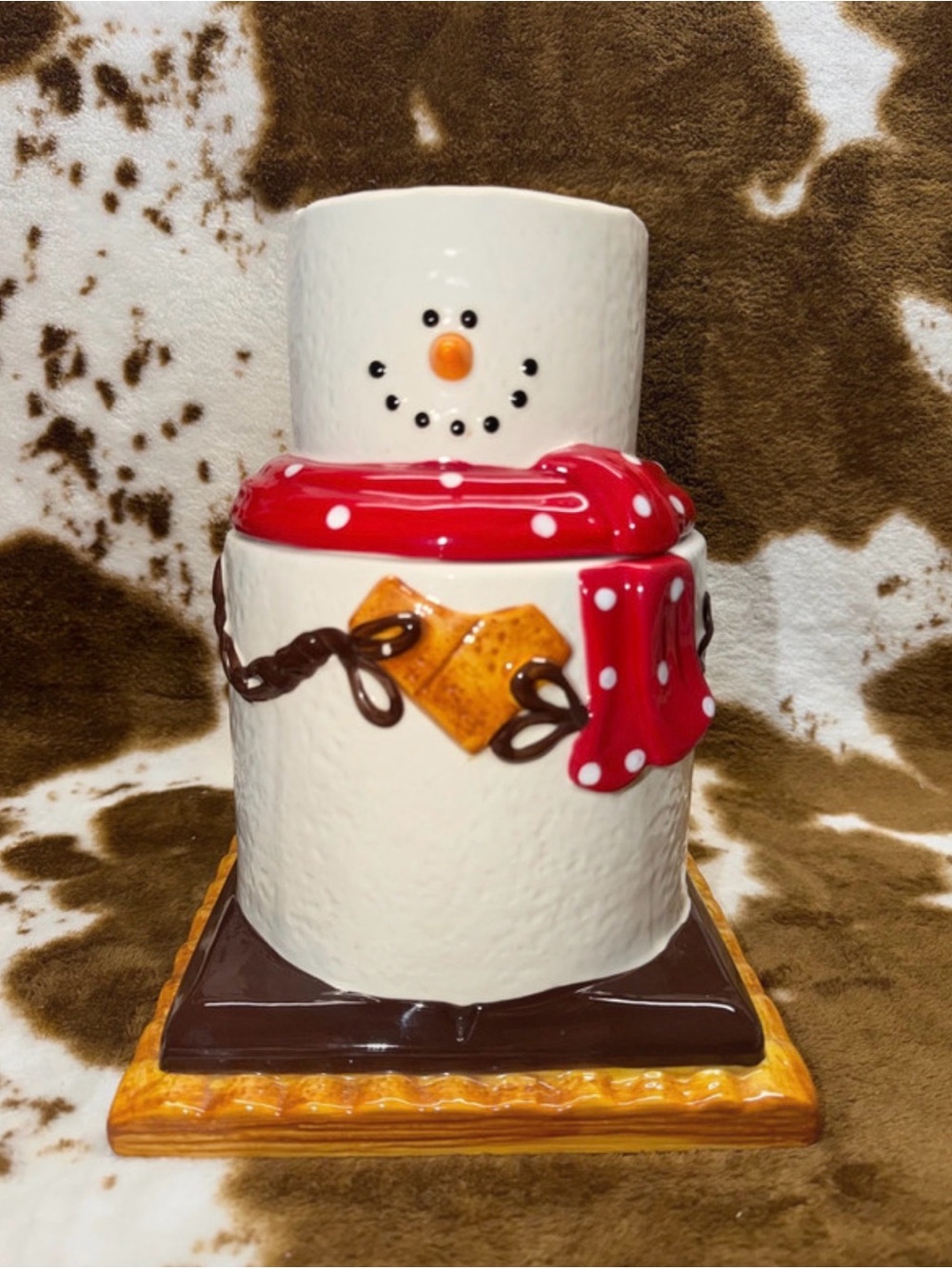 Ceramic White Snowman Treat Jar with Red Polka Dot Scarf